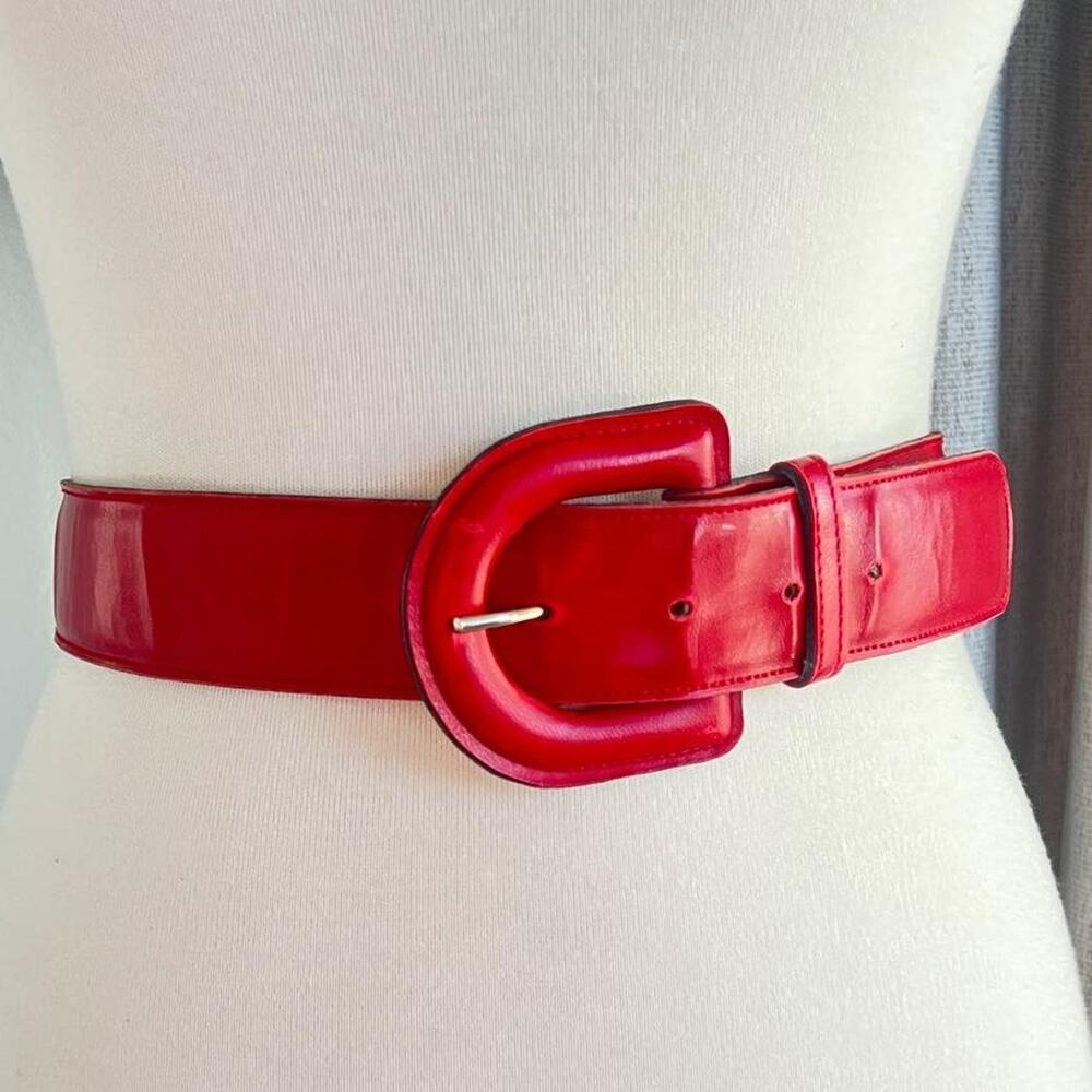 Calderon Red Leather Statement Belt Vintage Chunky Buckle Made in USA Medium